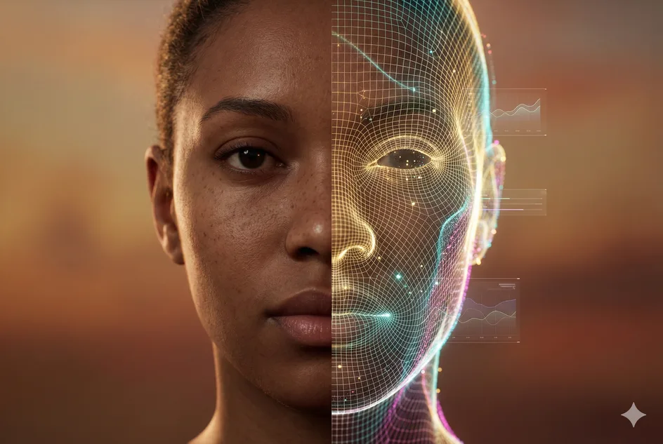 Advanced AI-powered skin analysis technology showing real-time facial mapping and shade matching - half natural face, half digital wireframe analysis with live data visualization